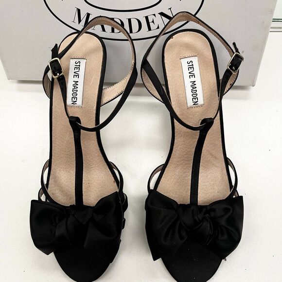 Steve Madden Y2K Satin Bow Kitten Heel Gramicy Black Sandal Shoes - Picture 4 of 8